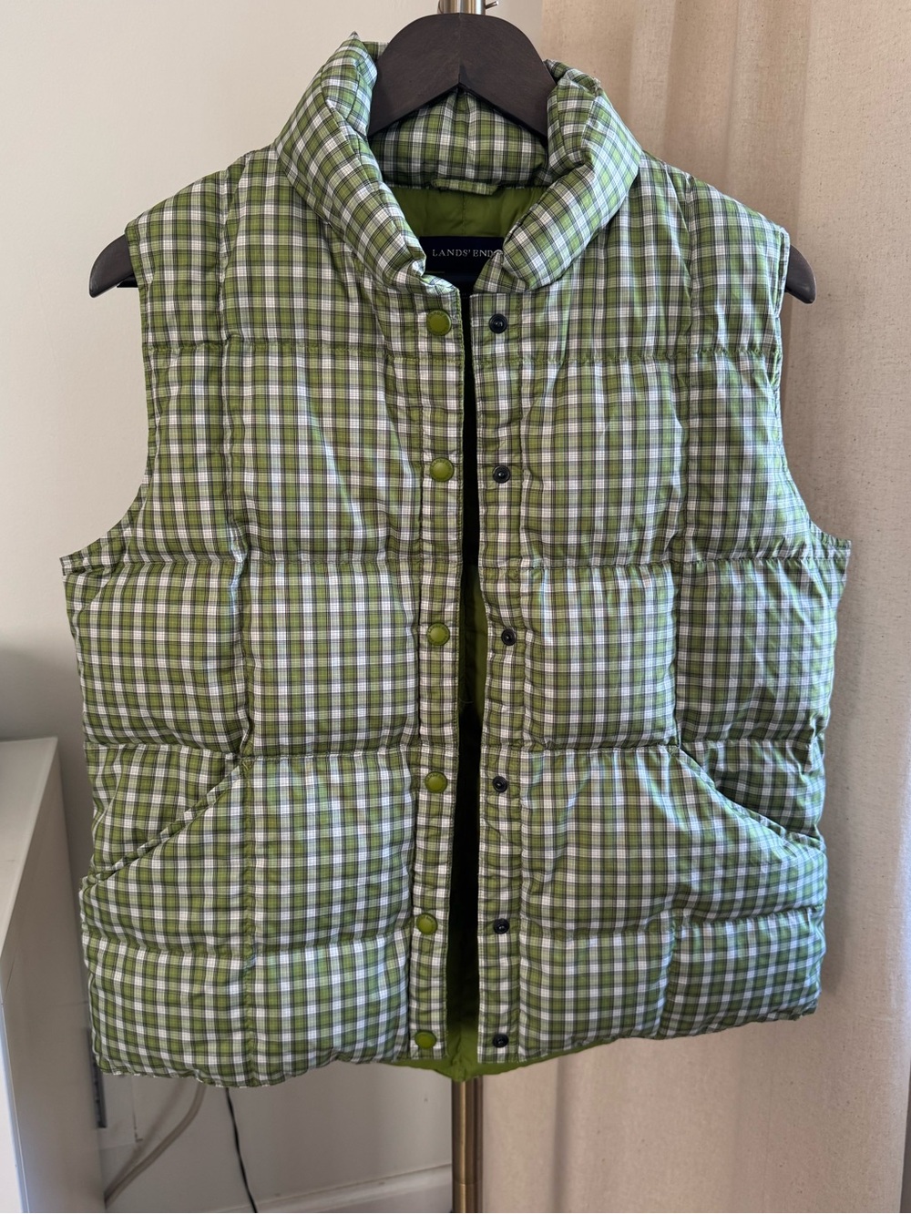 VTG Lands' End Gingham Plaid Down Puffer Vest Green White - Picture 1 of 6